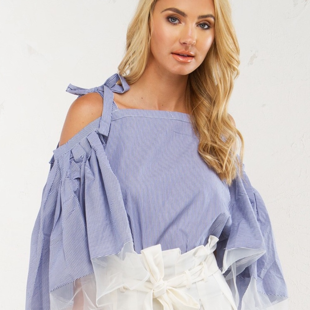 Blue & White Cascading Ruffle Top - Picture 4 of 7